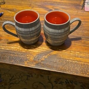 Baum Tangier Gray and Orange Coffee Mugs Pair of 2
